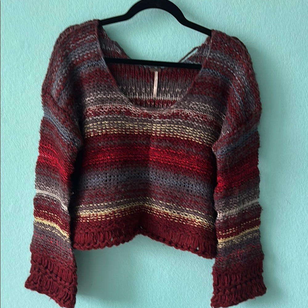Free People Red and Gray Striped Sweater